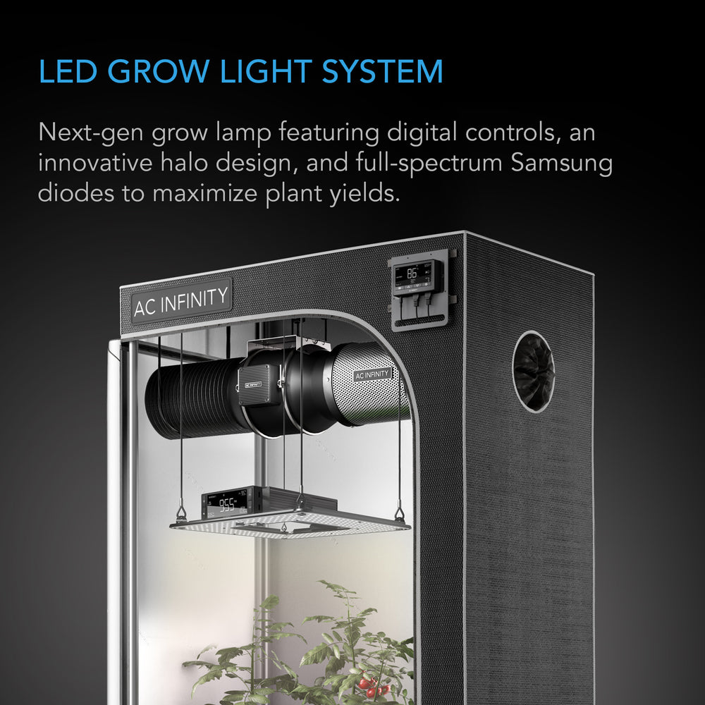 Photo of AC Infinity LED grow light inside an AC Infinity grow tent.  The LED grow light systems is a next-gen grow lamp featuring digital controls, an innovative halo design, and full-spectrum Samsumg diodes to maximize plant yields